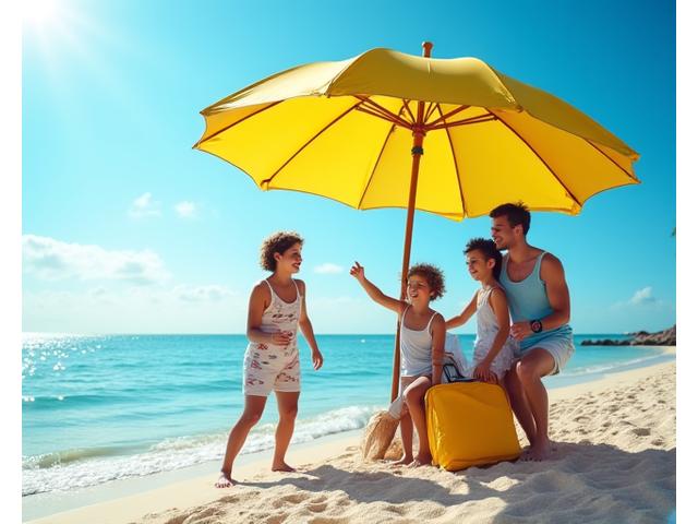 Young family on a pristine beach, enjoying a vibrant Beach Elevate umbrella and gear, embodying the carefree beach lifestyle.