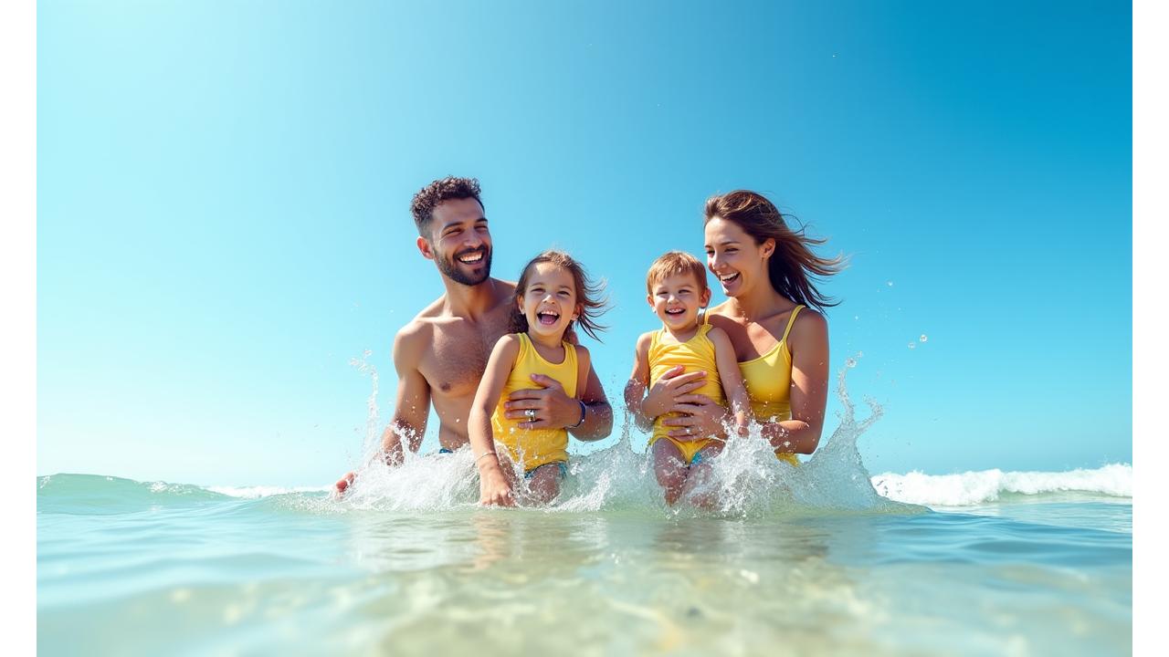 Happy family playing on a sandy beach with bright blue ocean in the background