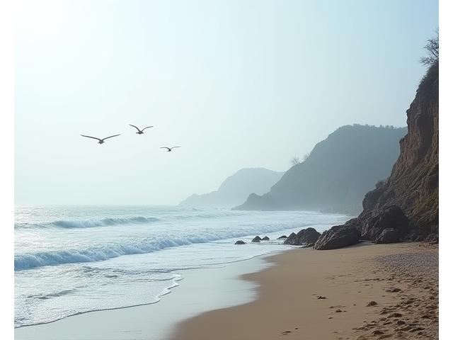 Stormy but beautiful winter beach scene with crashing waves and empty shoreline