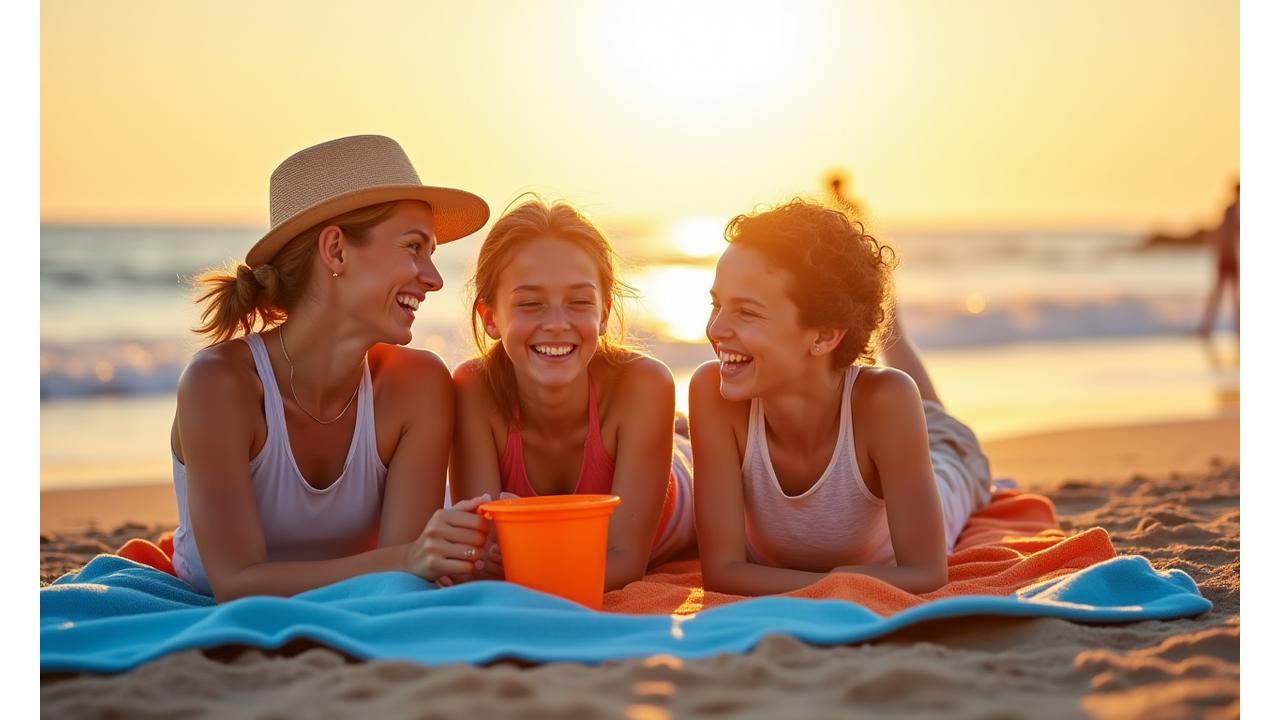 Family enjoying a sunny beach day with vibrant, soft beach towels spread on the sand.