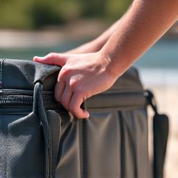 Two hands holding the comfortable padded shoulder strap of a cooler bag.