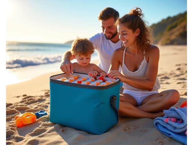 A large 48-can roll-top cooler bag being unpacked by a family at the beach with towels and toys.