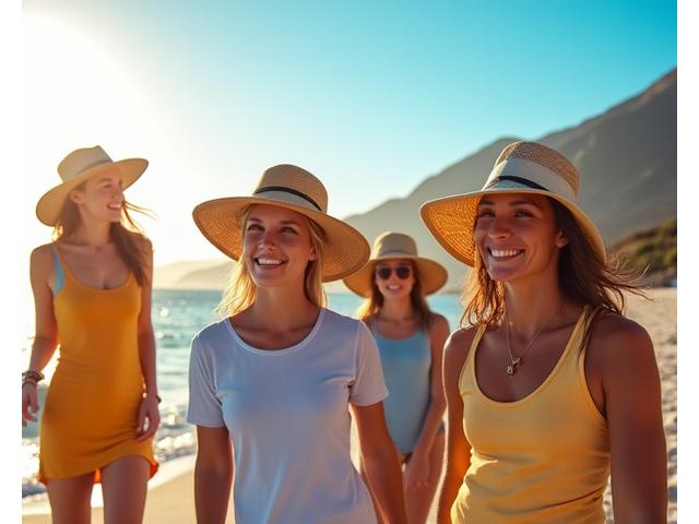 Diverse group of people enjoying beach day wearing various stylish UPF 50+ sun hats, with sun rays